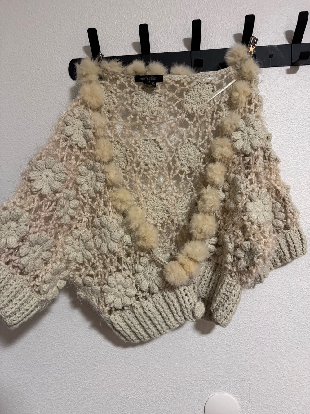 Rebecca Taylor Cream Floral Crochet Cardigan with Pom Trim